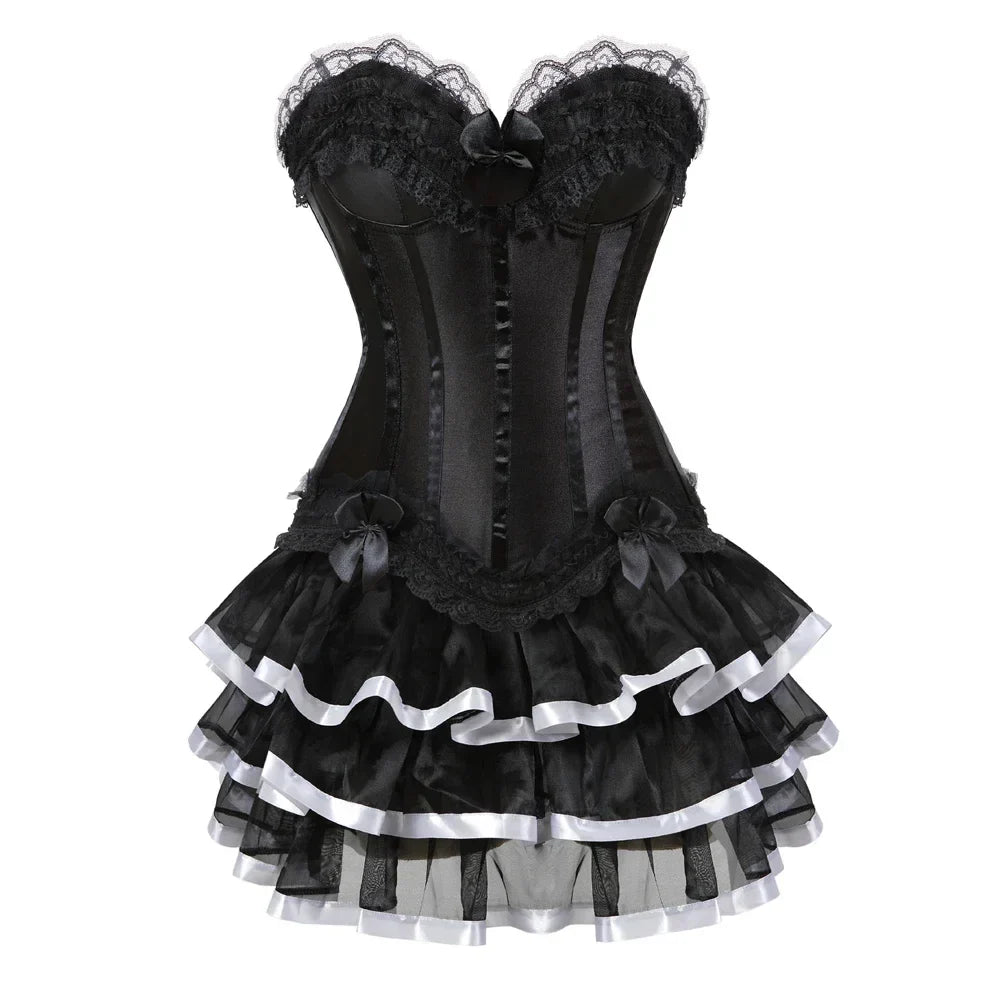 maoxiangshop - Corset Tutu Steampunk Satin Bustier Dress Burlesque Corselet Sexy Lace Up Corsage Skirt Classic Clubwear Carnival Party Costumes