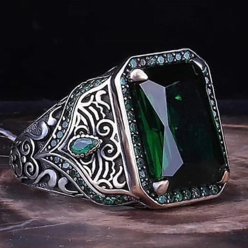 maoxiangshop Retro Handmade Turkish Signet Rings for Men Ancient Silver Color Carved Ring Mystic Zircon Inlay New Punk Motor Biker Ring