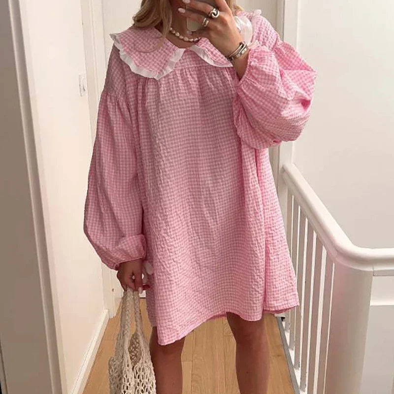maoxiangshop - Sweet Stitching Plaid Party French Dress 2024 Autumn Long Sleeve Lapel Collar Mini Dress Women Elegant Swing High Street Dress