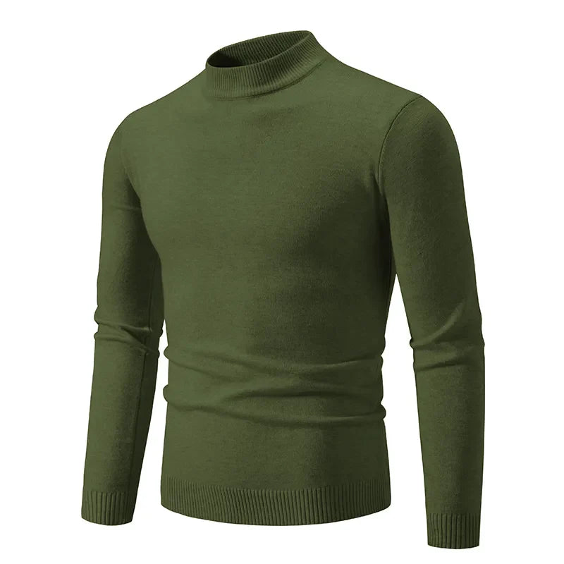 maoxiangshop Autumn New Sweater Men's Half High Neck Basic Solid Color Casual Versatile Round Neck Knit with Slim Fit Elastic Sweater Inside