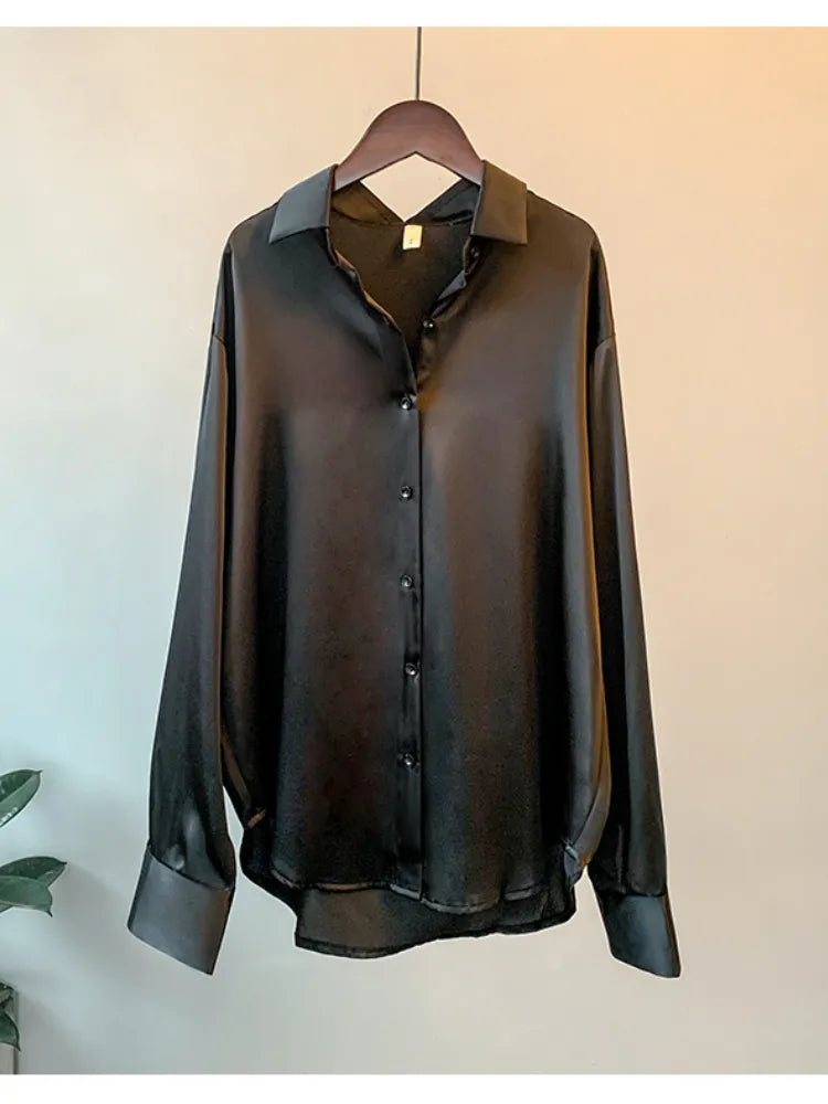 maoxiangshop Office Lady Sheer Top Long Sleeve Shirt Overshirt Satin Shirt Womens Clothing Elegant Women's Luxury Designer Blouses Korean
