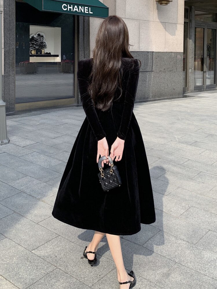 maoxiangshop Velvet Elegant Evening Party Midi Dresses Ladies Black France Vintage Dress Women New Winter Korean One-piece Dress Autumn