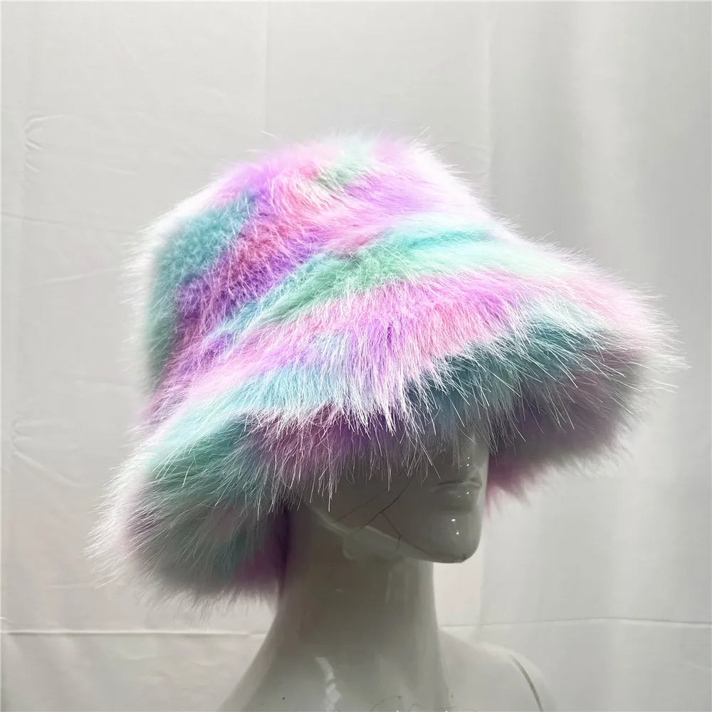 maoxiangshop - Luxury Ins Hot Y2k Girls Faux Fox Fur Bucket Hat Women Winter Warm Rabbit Fur Plush Fisherman Hat Cap Festival Party Ski Panama