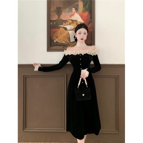 maoxiangshop Winter Velvet France Vintage Dress Women Korean Elegant Evening Party Midi Dress Ladies Long Slevee Retro Chic Dress Autumn