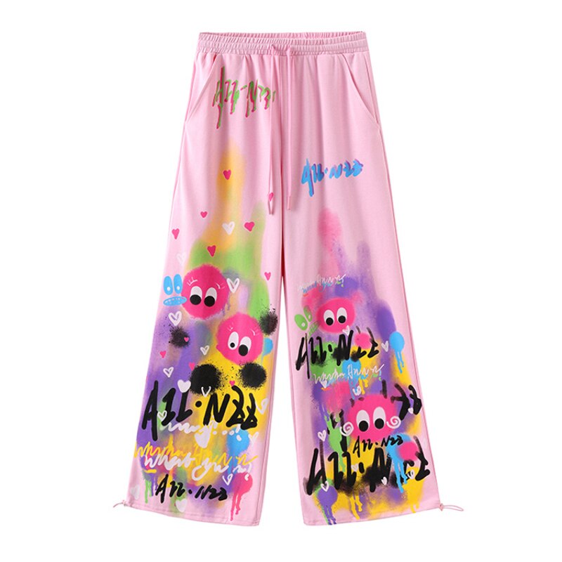 maoxiangshopJapanese Y2K Graffiti Sweatpants Women Harajuku Kawaii Cute Pink Sports Pants Oversized Subculture Egirl Wide Trousers