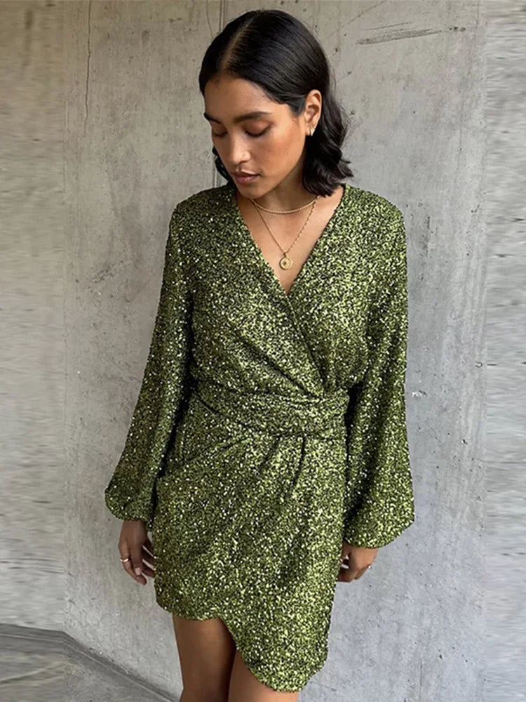 maoxiangshop - Sequin Shining Lace Up Evening Mini Dresses Women V-neck High Waist Long Sleeve Party Dresses Female 2024 Autumn Chic Gown Robe