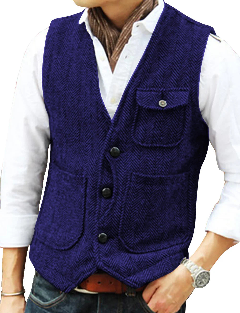maoxiangshop Men's Vests Business Suit Vest Herringbone Tweed V Neck Formal Waistcoat For Wedding Suit Or Tuxedo Men Vest