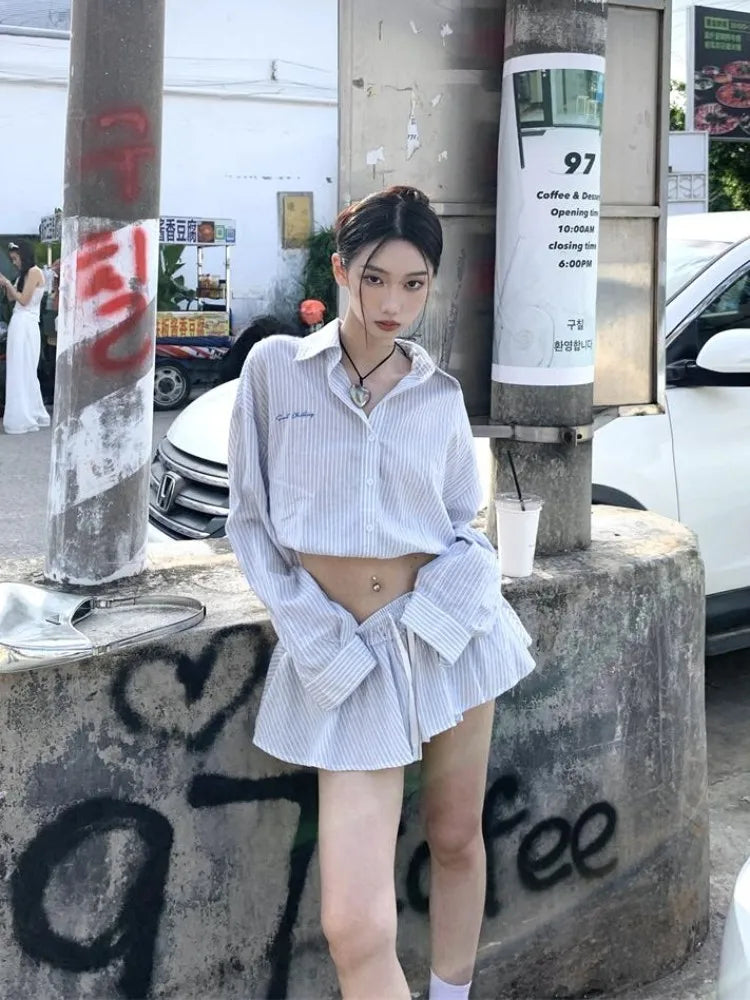 maoxiangshop - Blue Striped Set For Women'S Spring And Autumn Simple High Waisted Shirt Paired With A-Line Umbrella Skirt Two-Piece Set