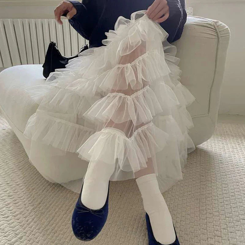 maoxiangshop - Maxi Long Tulle White Skirts for Women Gothic Patchwork Ruffles Skirt Casual Party Fairycore Summer Jupe Longue Falda Mujer