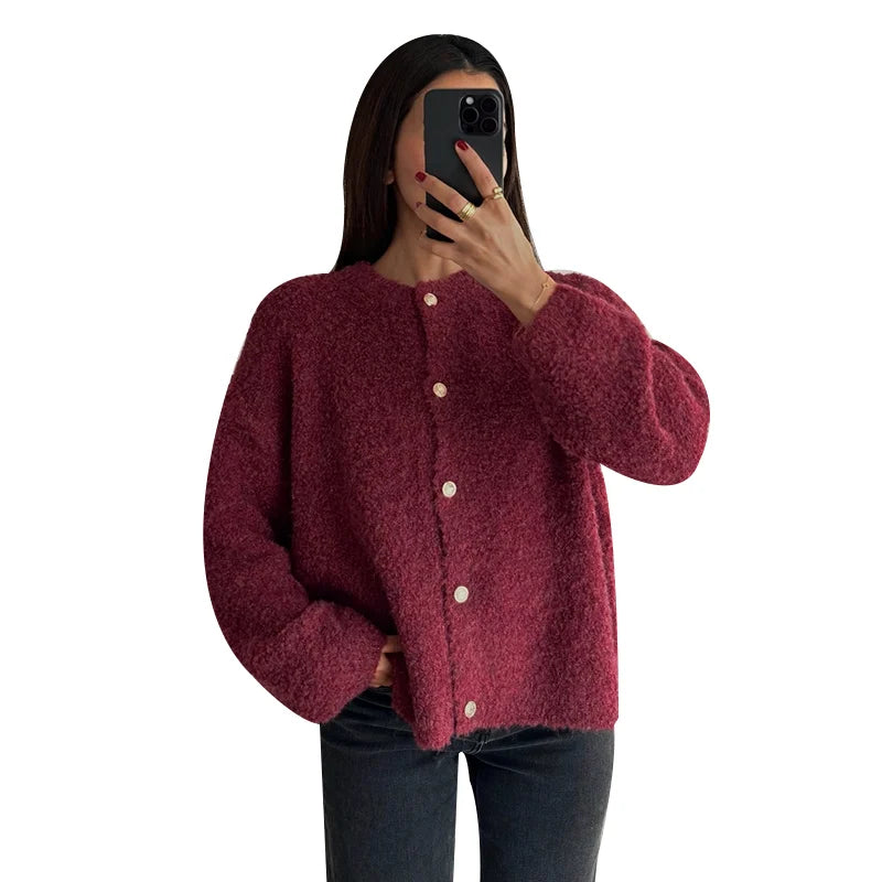 maoxiangshop - Knitted Solid Women Cardigan O-neck Single-breasted Female Sweater 2024 Autumn Winter Long Sleeve Elegant Ladies Knitwear