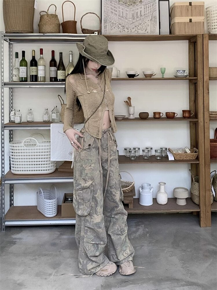 maoxiangshopY2K Grunge Cargo Pants Woman Streetwear Vintage 90s Wide Leg Trousers Oversized Hippie Punk Graphic Print Retro Sweatpants