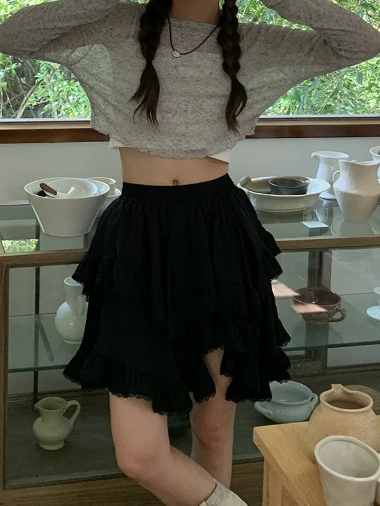 maoxiangshop Fairy Core Mini Skirt Women Elastic High Waist A-line Irregular Lace Trim Ruffles Cake Skirt Summer Mori Girl Style