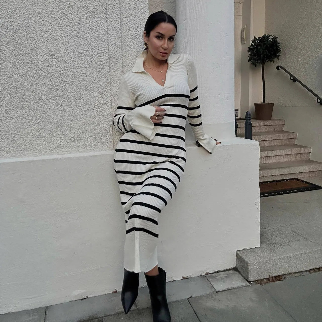 maoxiangshop - Autumn New Fashion Long Sleeve Sweater Dress Women Knitted Dress Lafy Knitted Deep V Sweater Long Black Dress Elegant Vestido
