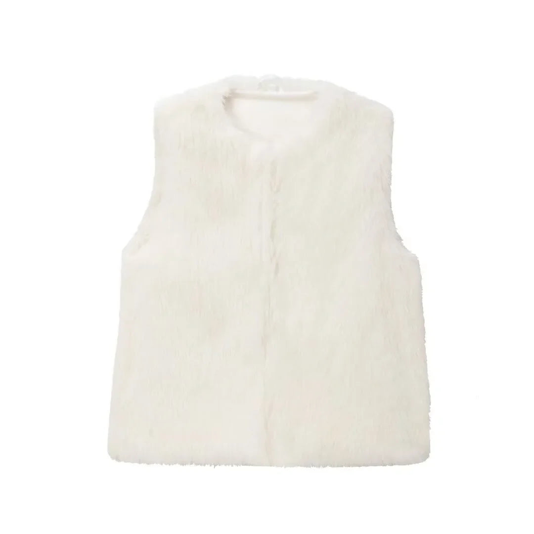 maoxiangshop - Casual Faux Fur Plush Vests Women Loose Round Neck Sleeveless Waistcoats Female 2024 Autumn Winter Fashion Solid Outwears Lady