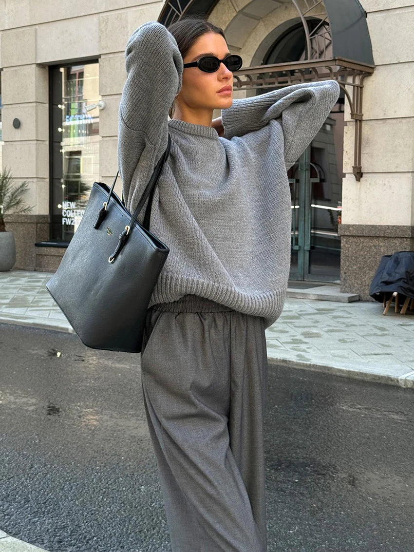 maoxiangshop - Gray Warm Knitted Sweater Women Long Sleeves Casual Round Neck Solid Pullover Tops Autumn Winter Office Lady Sweater