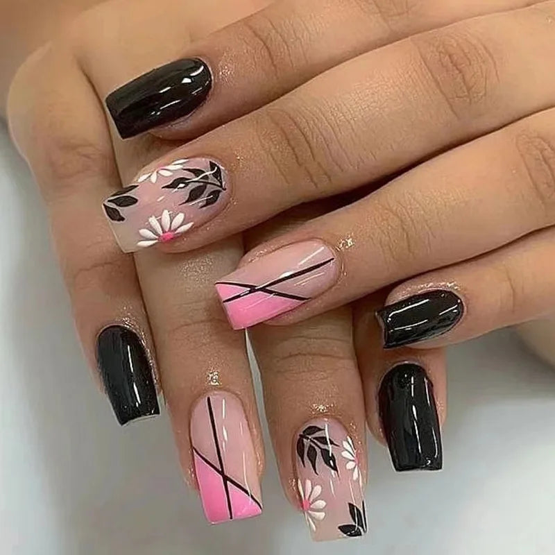 maoxiangshop 24Pcs Long Square Head False Nails with Gold Foil Design Wearable Black French Fake Nail Glitter Coffin Full Cover Press on Nail