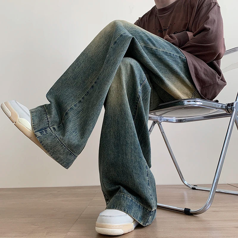 maoxiangshop Distressed Vintage Blue Jeans Pants Men Wide-leg Denim Trousers Male Oversize Streetwear Fashion Casual Baggy Straight Jeans