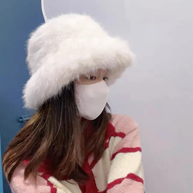 maoxiangshop - Fluffy Fur Bucket Hat for Women Imitation Mink Hair Warm Basin Cap Thickened Plush Winter Hats Lady Fashion Panama Fisherman Cap