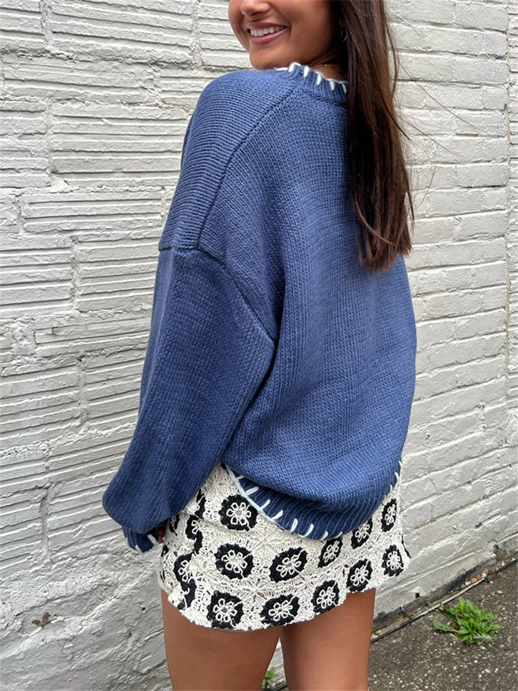 maoxiangshop - Bow Jacquard Loose Sweater Women's Autumn/Winter Casual Color Contrasting Knitted Knitted Pullovers Fashion Streetwear