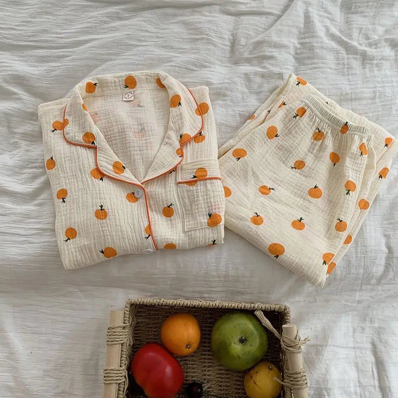 maoxiangshop - Cotton Double-layer Gauze Pajamas For Women's Fashion Cute Carrot Print Long Sleeve Tops + Pant Home Clothing Two-piece Set
