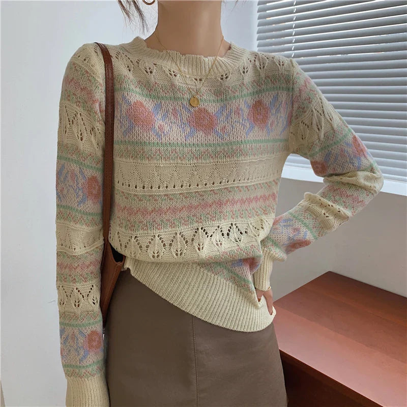 Vintage Print Women Clothes Sweater Hollow Out Long Sleeve Knitted Top Autumn Sweaters Jumpers Pullover Stripe Jersey Mujer