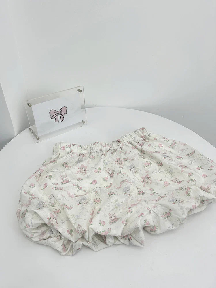 maoxiangshop Summer Women Korean Vintage Ballet Core 2000s Party Rave Y2k Outfits 2 Piece Set Mori Girl Floral Fairy Dress + Cute Mini Shorts