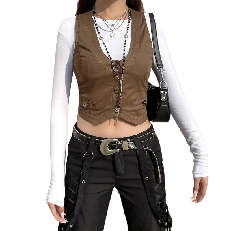 Gothic Retro Button Down Fit Jacket Vest Solid Aesthetic Vintage Fairycore Grunge Slim Tank Tops Sleeveless Punk Style Waistcoat