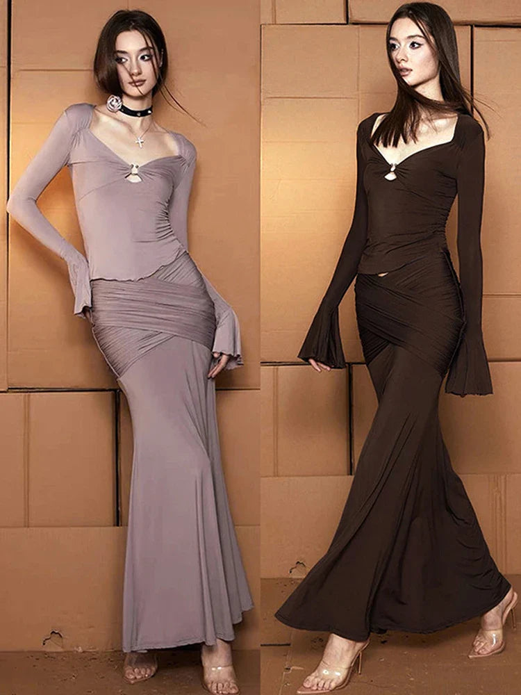 maoxiangshop Vintage Long Dresses Women Autumn Flare Sleeve Square Collar Dress Two Piece Set Ladies Elegant Fashion Bodycon Party Dresses