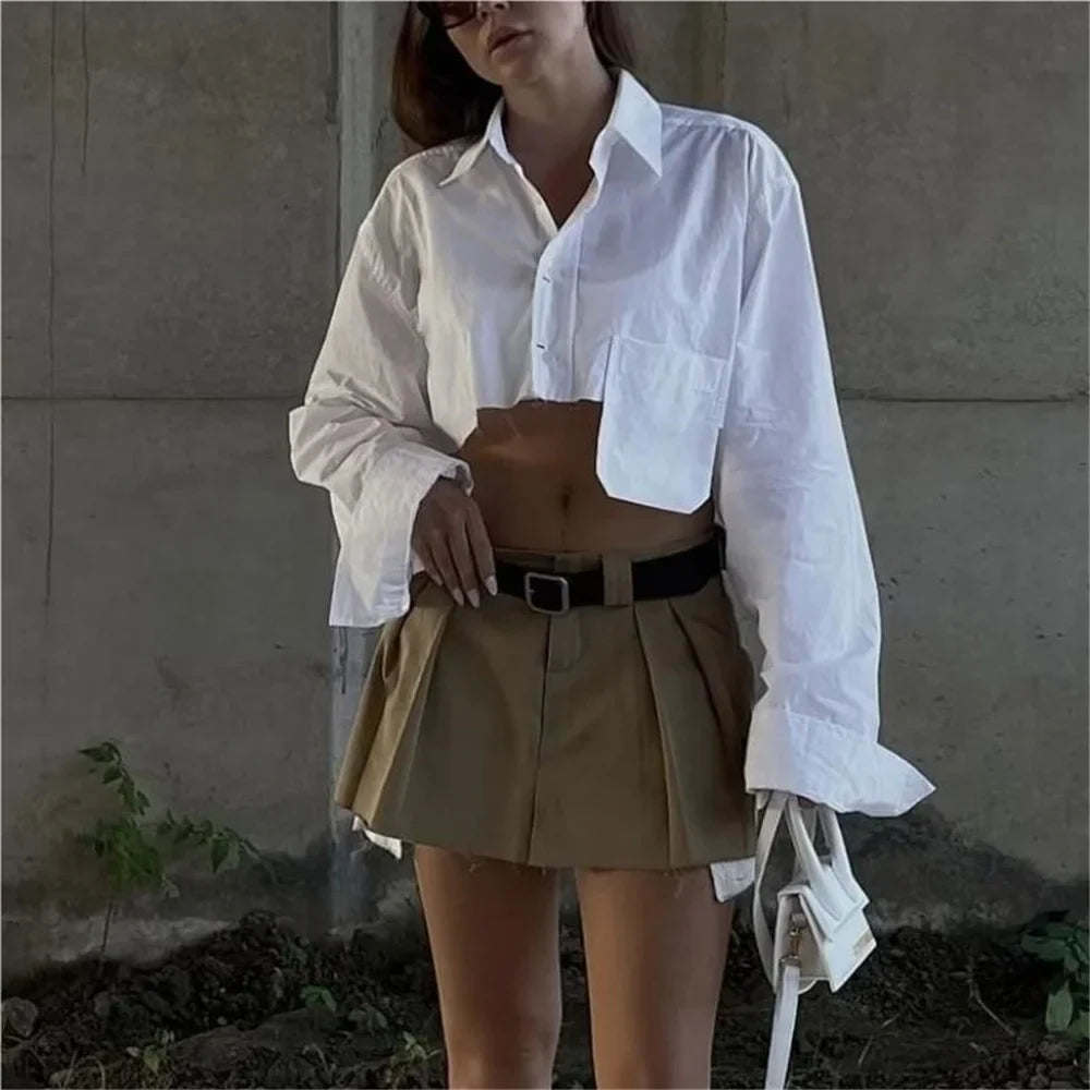 maoxiangshop - Long sleeve cropped blouse women Summer fashion sexy short blouse women white cute tops loose pocket designer clothes