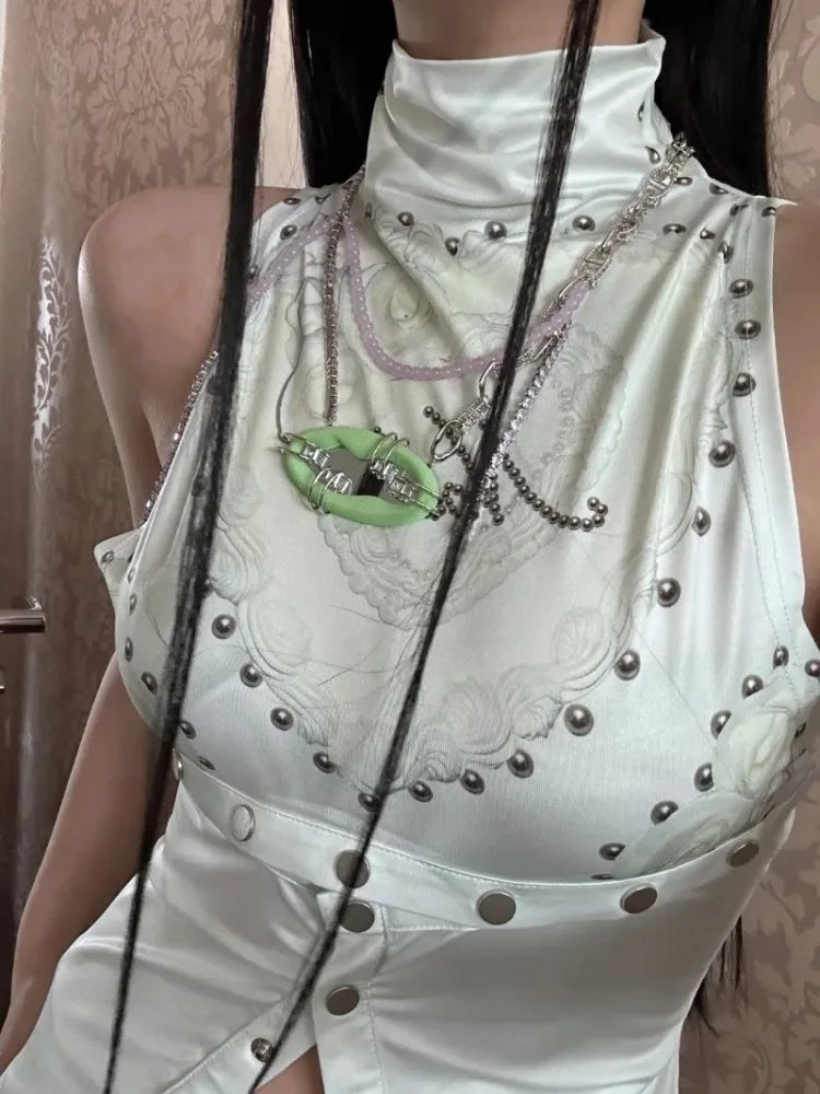 maoxiangshop - Rivet Button Printed Vest for Women American Retro Fashion Street Slim T-shirt Summer Sexy Hot Girl Y2k Crop Top Gothic Clothes