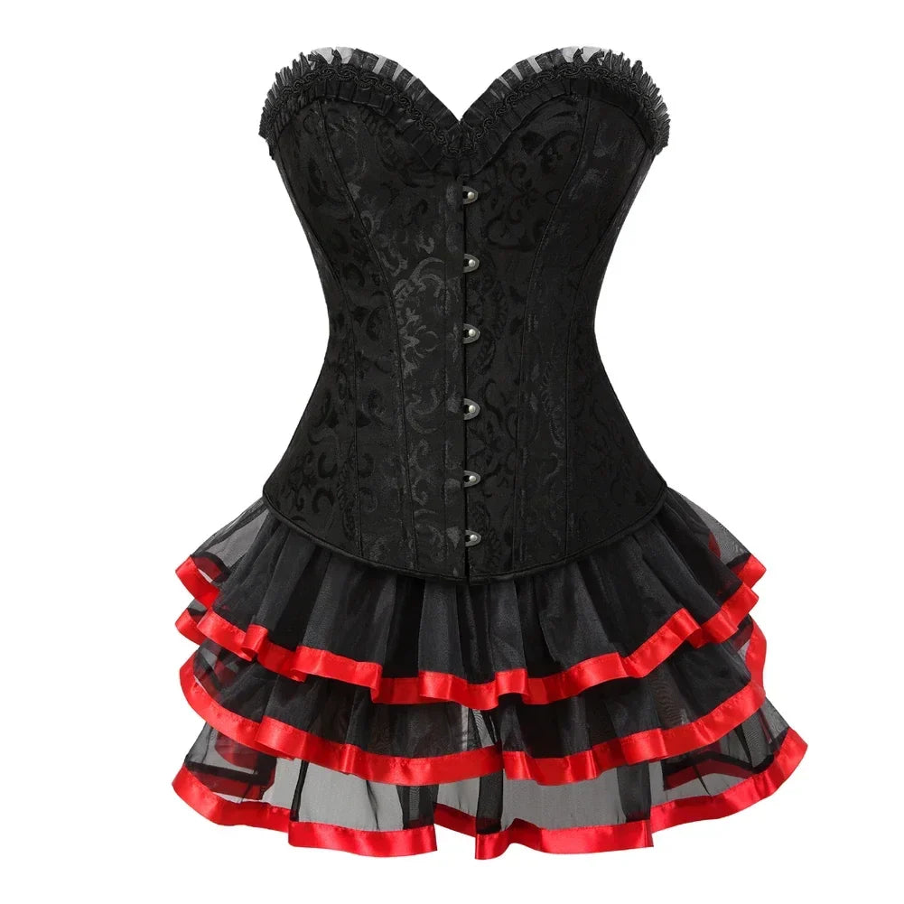 maoxiangshop - Corset Tutu Steampunk Satin Bustier Dress Burlesque Corselet Sexy Lace Up Corsage Skirt Classic Clubwear Carnival Party Costumes