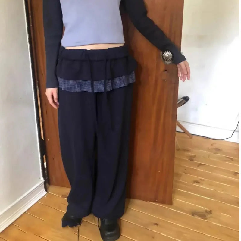 maoxiangshop - Y2k Vintage Skirt Pants Women Winter Japanese Harajuku Casual Cute Plaid Patchwork Elastic Waist Baggy Trousers New Pantalones