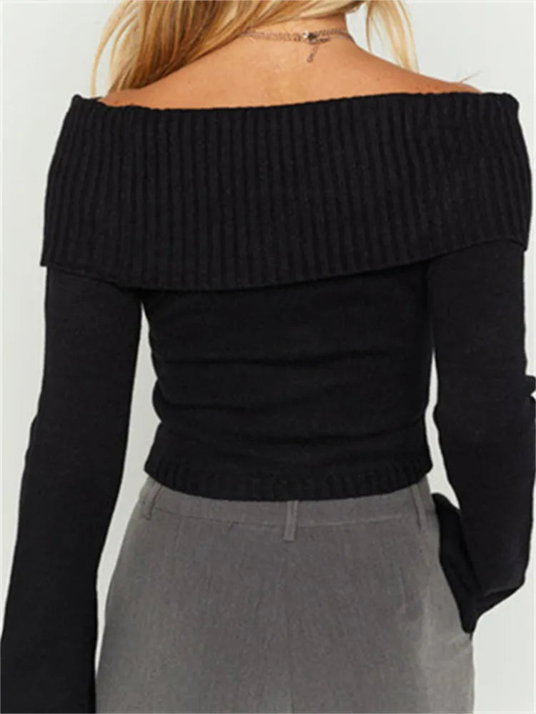 maoxiangshop Women Slash Neck Knitted Sweaters Tops Streetwear Long Sleeve Off Shoulder Ribbed Pullovers Slim Fit Causal Jumpers