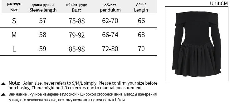 maoxiangshop - Solid Black Fold Over Off Shoulder Puffy Mini Dress Women Long Sleeve Backless Slim A-Line Short Dress Autumn Partywear