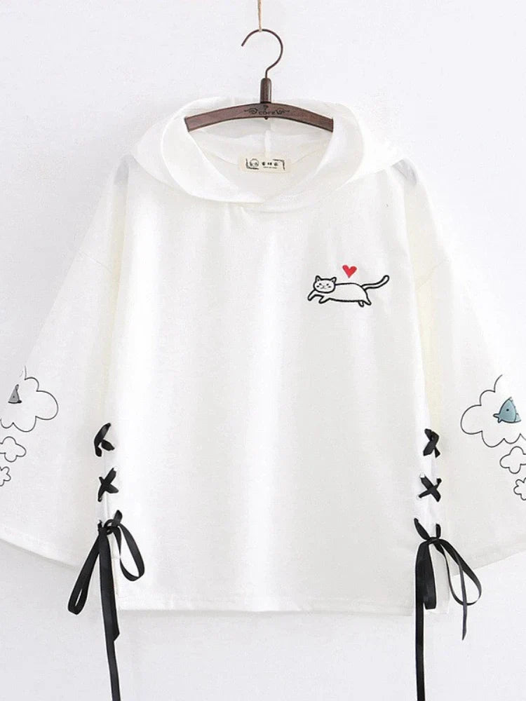 maoxiangshop Women Black Cartoon Cat Embroidery Hooded Sweatshirt Lace Up Korean Hoodies Summer Harakuju Casual Cute