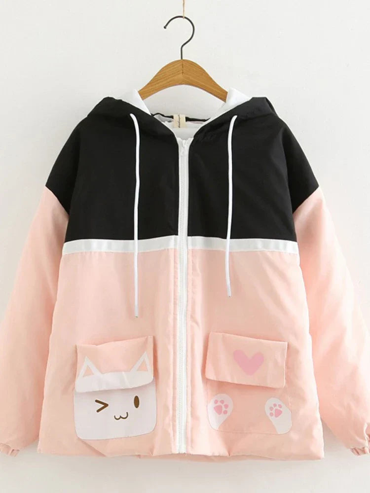 Women's Cartoon Print Harajuku Cotton Coat Patchwork Jackets 2023 Winter Long Sleeve Hooded Warm Parka