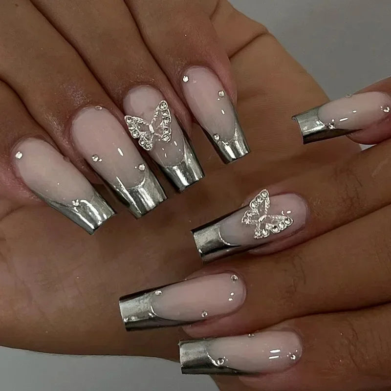 maoxiangshop 24Pcs Coffin False Nails Purple Butterfly Designs Fake Nails with Shiny Rhinestone Wearable French Full Cover Press on Nails