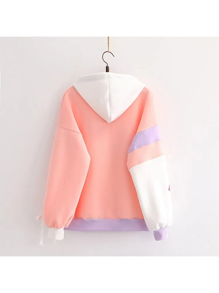 Women Hoodies And Sweatshirts Cartoon Tetter Embroidery Long Sleeve Hooded Pullover Tracksuits Sweet Style Female Tops