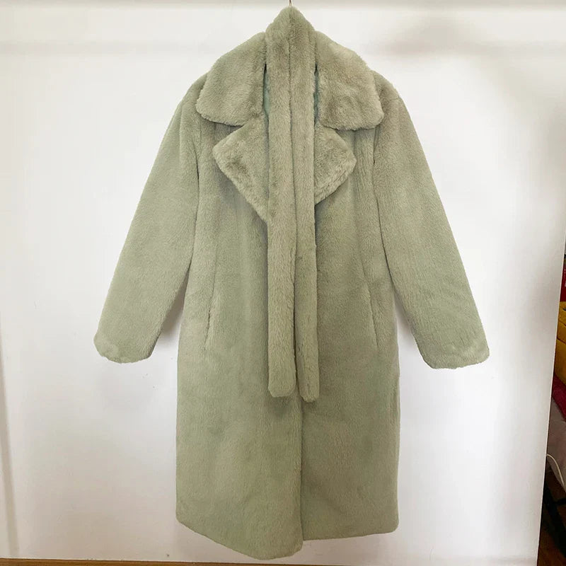 maoxiangshop - Luxury Winter Long Overcoats Women Oversized Lapel Belted Faux Rabbit Fur Coat Jacket Female Plus Size Outerwear Plush Fur Coats
