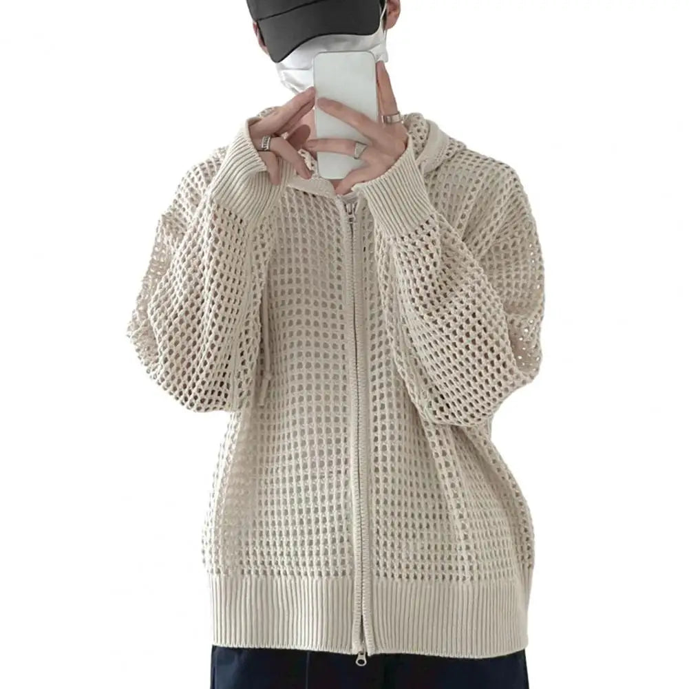 maoxiangshop Hollow Design Men Jacket Hooded Hip Hop Cardigan Stylish Men's Winter Jacket with Hollow Out Design Zipper Closure Men Hooded