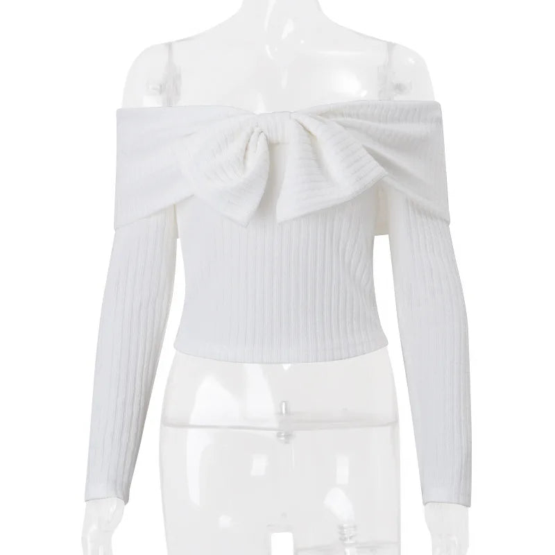 maoxiangshop - Bows One-Shoulder Knitted Sweater For Women Sexy Navel Exposed Long Sleeve Ribbed Top Pullover Female Slim Autumn Fashion