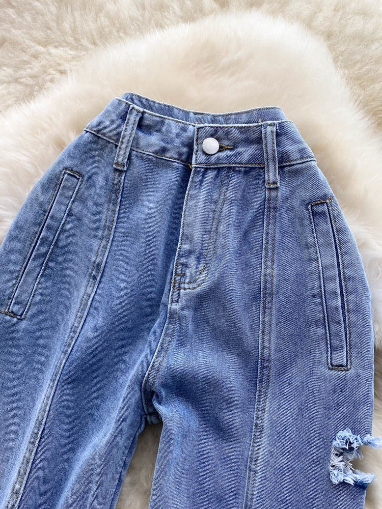 maoxiangshop Women Jeans Summer Blue Denim Trouser High Waist Ripped Holes Straight Leg Full Length Pants Casual Street Clothes