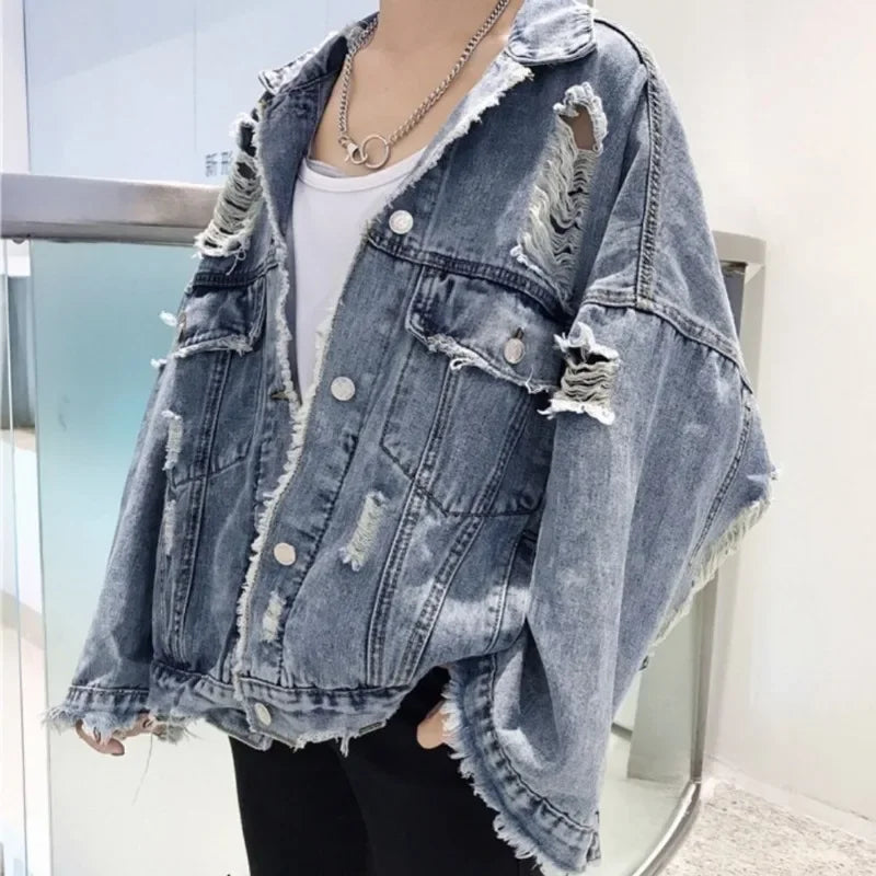 maoxiangshop Fashion Blue Ripped Denim Jacket Y2K Distressed Streetwear Hip Hop Broken Hole Jeans Biker Jackets Men's Spring Jackets