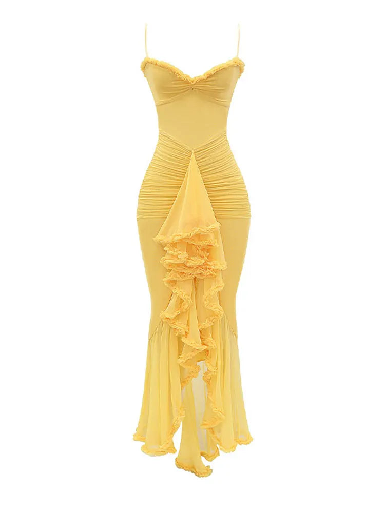Women Elegant Irregular Ruffles Hem Pleated Sling Maxi Dress Sexy Sleeveless Backless Slim Robes Lady Evening Party Dresses