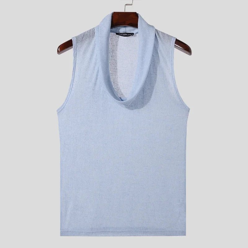 maoxiangshop Tops 2024 Korean Style Men's Pile Up Collar Knitted Solid Color Vests Casual Streetwear Thin Sleeveless Tank Tops S-5XL