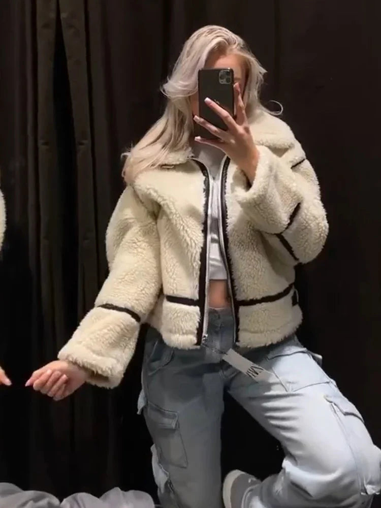 maoxiangshop - Elegant Winter Wool Fur Jacket Women Motorcycle Teddy Long Sleeve Stand Collar Double Faced Coat Female Winter Bike Streetwear