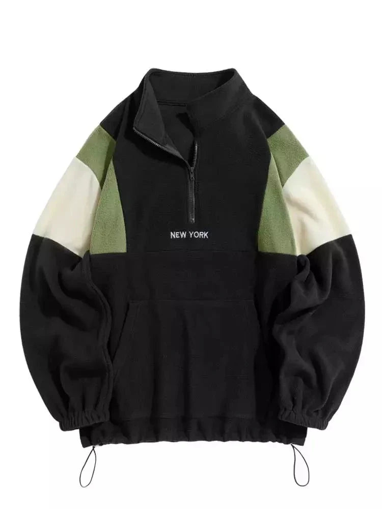 maoxiangshop Hoodie for Men Fluffy Polar Fleece Sweatshirts New York Embroidery Turtleneck Hoodies Pullover Color Block Zipper Sweats