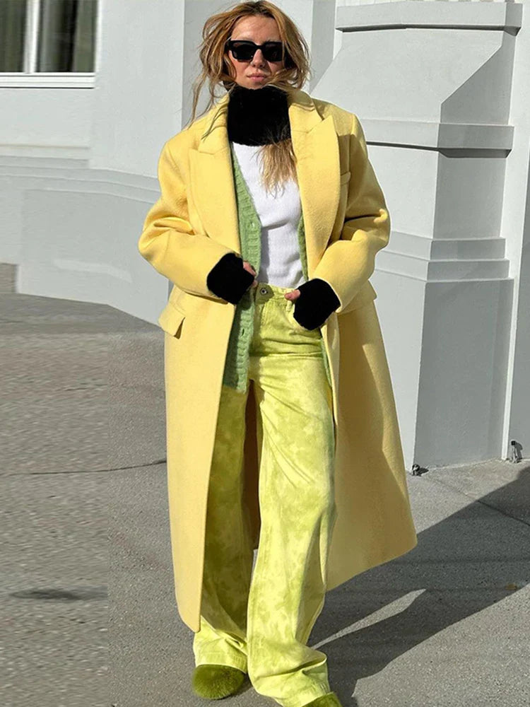 maoxiangshop - Loose Lapel Woolen Long Coats Women Winter Classic Yellow Single Button Pockets Overcoats Female Elegant Casual Street Outwear