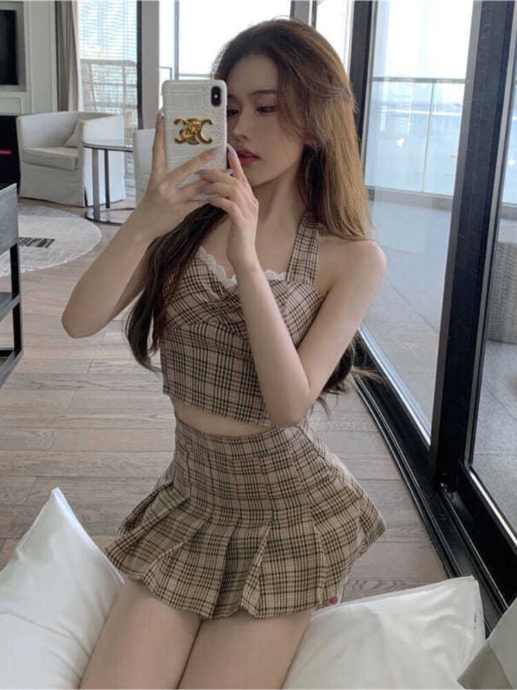 maoxiangshop Plaid Suit Women Camisole + Short Skirt Two-piece Sets Summer New Temperament Vintage Lace Patchwork Sleeveless Suit Trend