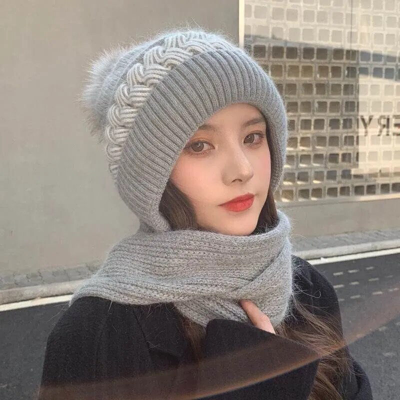maoxiangshop New Women Winter Warm Beanies Hat Scarf set Breathable Rabbit Hair Blend Knitted Hat Scarf for Women warm lining Caps